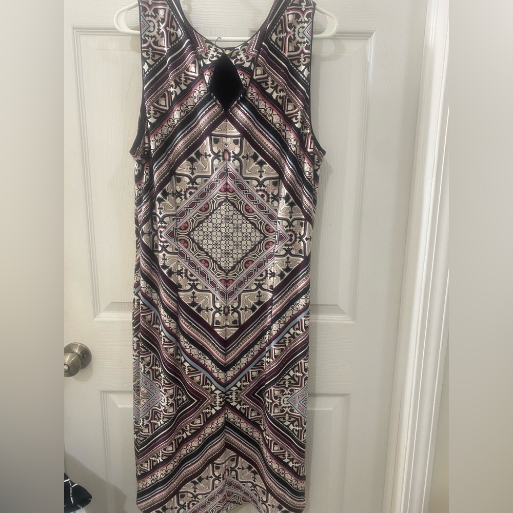 White House Black Market geometric pattern dress. Purple and Pink white